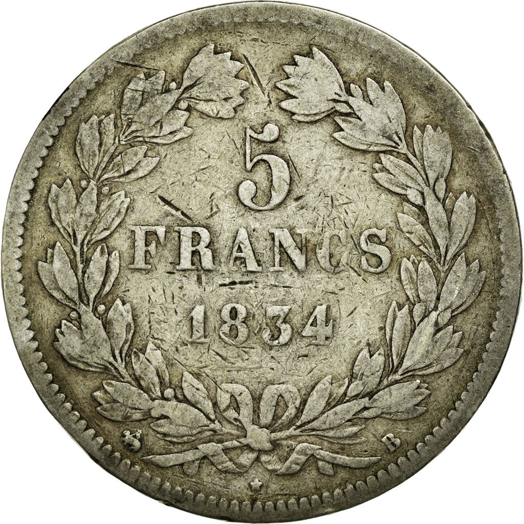 Coin, France, Louis-Philippe, 5 Francs, 1834, Rouen, VF(20-25), Silver