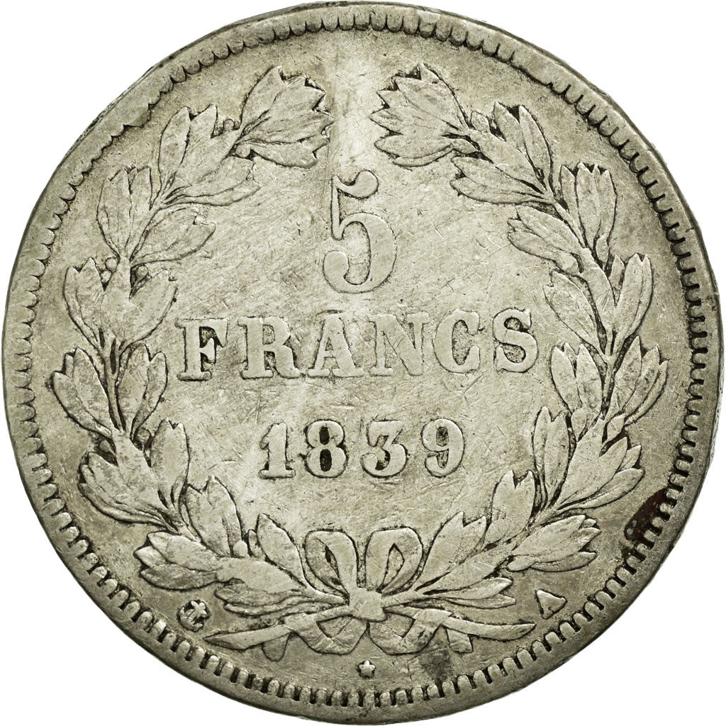 Moneta, Francia, Louis-Philippe, 5 Francs, 1839, Paris, MB+, Argento, KM:749.1