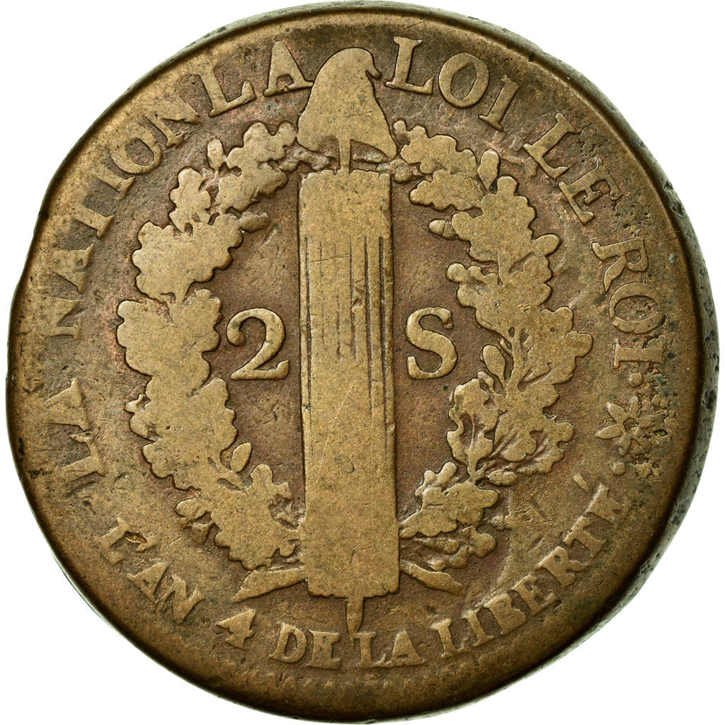 Moneta, Francja, 2 sols français, 2 Sols, 1792, Strasbourg, F(12-15), Bronze