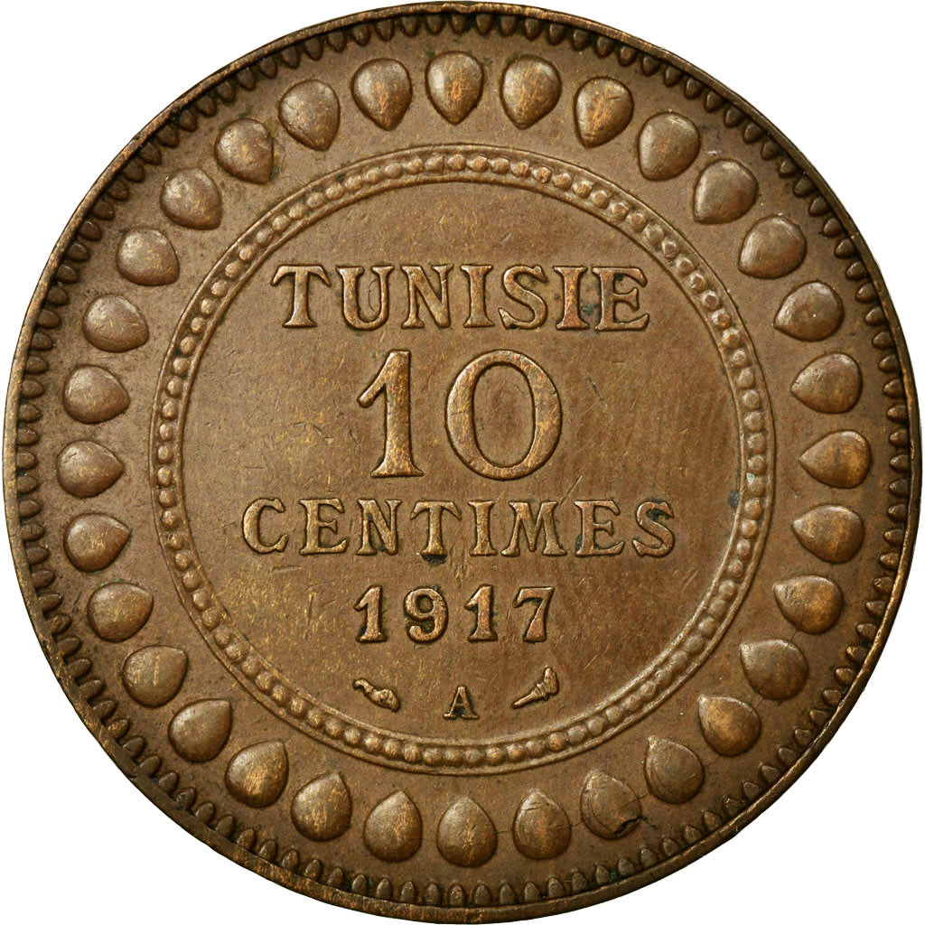 Moneta, Tunisia, Muhammad al-Nasir Bey, 10 Centimes, 1917, Paris, BB+, Bronzo
