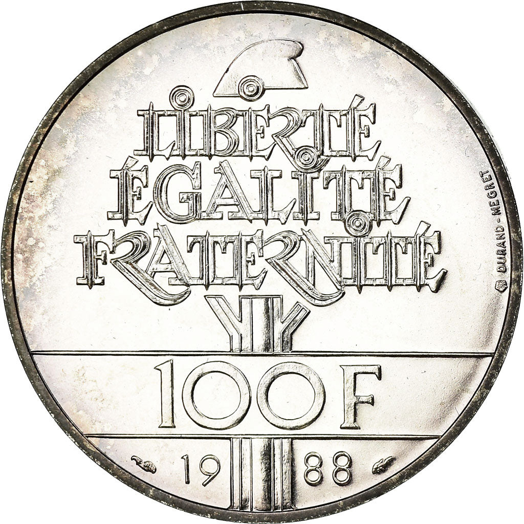 Moneta, Francja, Fraternité, 100 Francs, 1988, MS(65-70), Srebro, KM:966