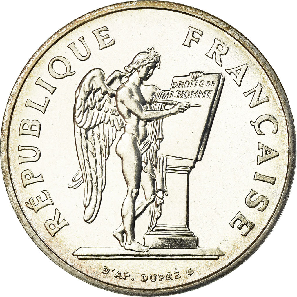 Moeda, França, Droits de l'Homme, 100 Francs, 1989, MS(65-70), Prata, KM:970