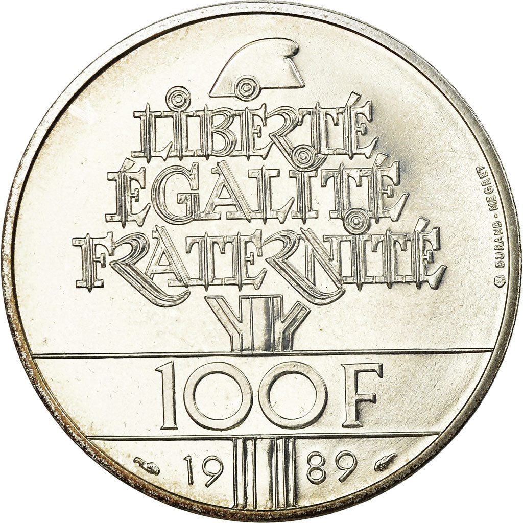 Moeda, França, Droits de l'Homme, 100 Francs, 1989, MS(65-70), Prata, KM:970
