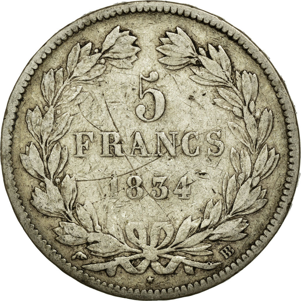 Münze, Frankreich, Louis-Philippe, 5 Francs, 1834, Strasbourg, S, Silber