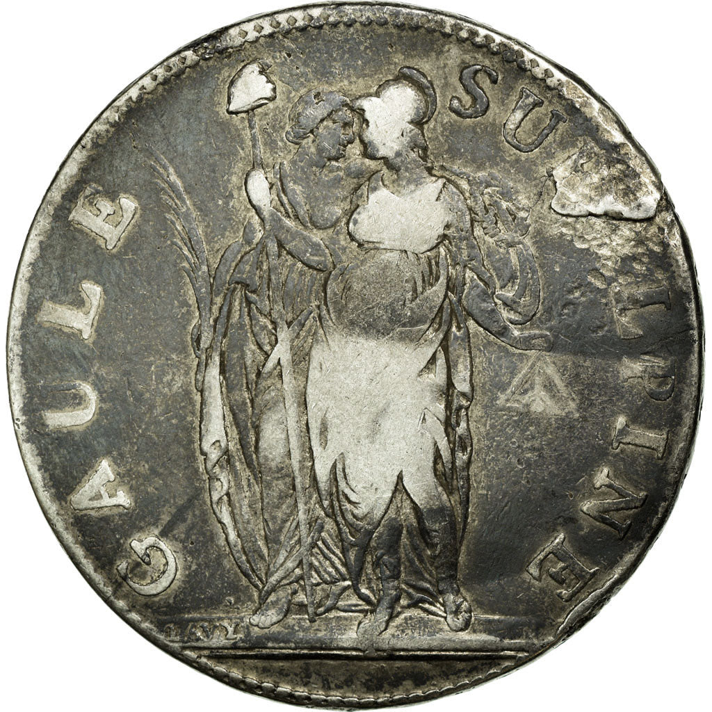 Coin, ITALIAN STATES, PIEDMONT REPUBLIC, 5 Francs, 1801, VF(20-25), Silver, KM:4