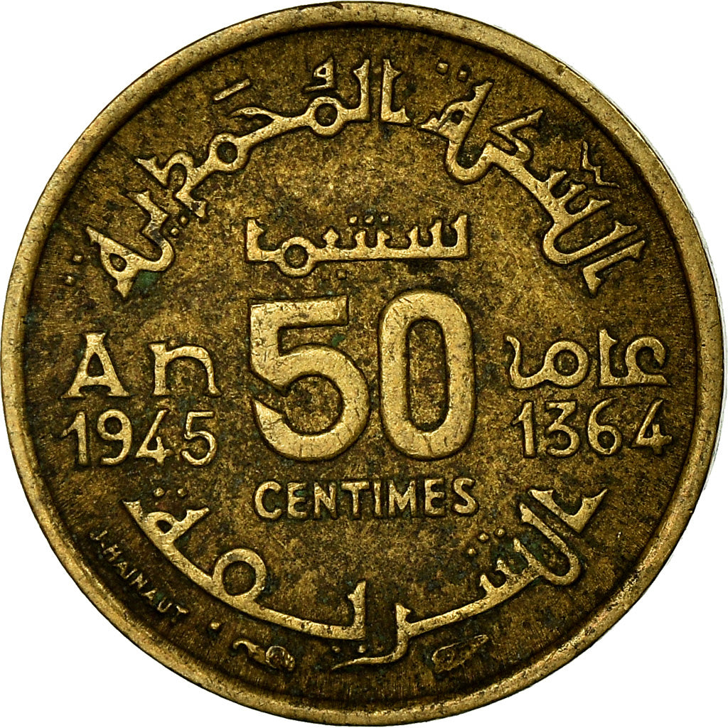 Coin, Morocco, Mohammed V, 50 Centimes, 1945, Paris, EF(40-45), Aluminum-Bronze