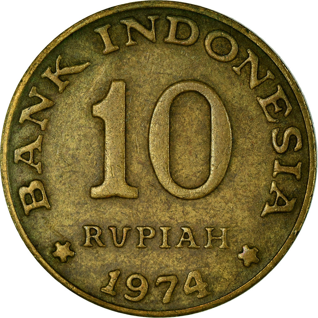 Coin, Indonesia, 10 Rupiah, 1974, VF(30-35), Brass Clad Steel, KM:38