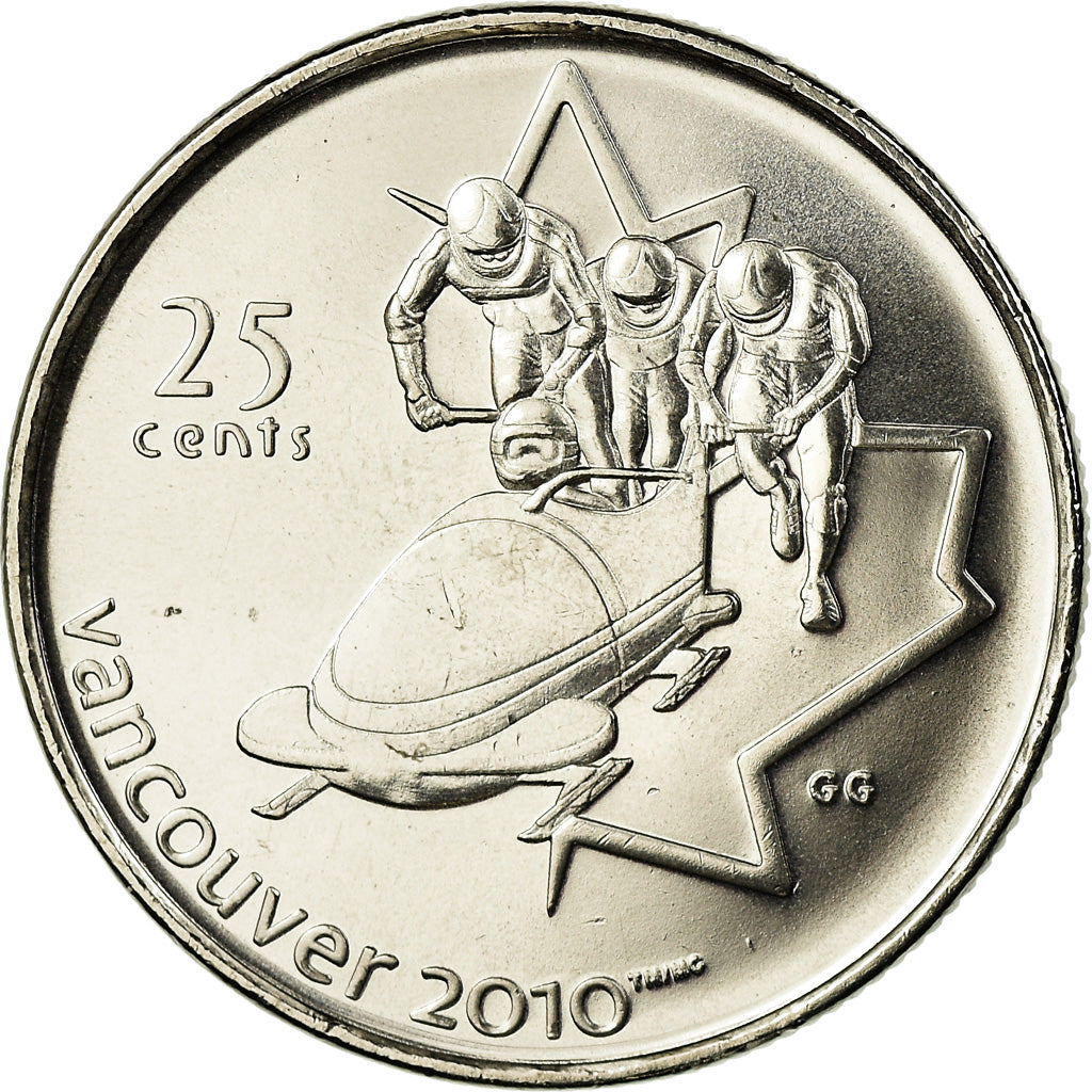 Moneda, Canadá, Elizabeth II, Bobsleigh, 25 Cents, 2008, SC, Níquel chapado en