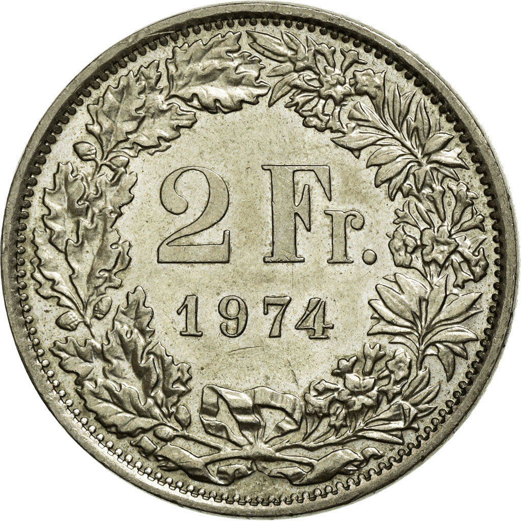 Coin, Switzerland, 2 Francs, 1974, AU(55-58), Copper-nickel, KM:21a.1