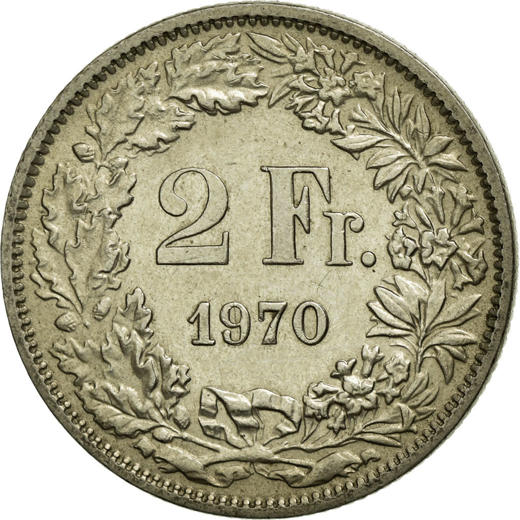 Coin, Switzerland, 2 Francs, 1970, AU(55-58), Copper-nickel, KM:21a.1