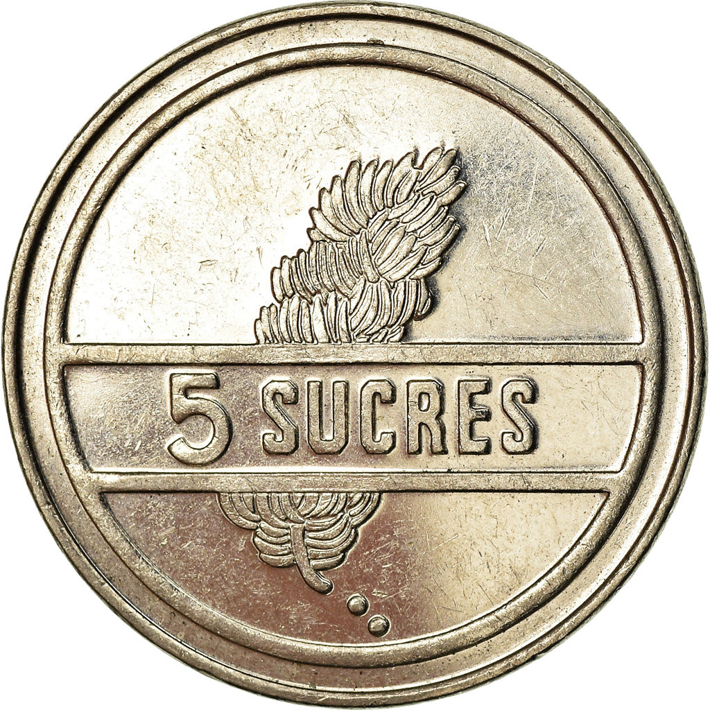 Moneta, Ecuador, 5 Sucres, Cinco, 1988, BB, Acciaio ricoperto in nichel, KM:91