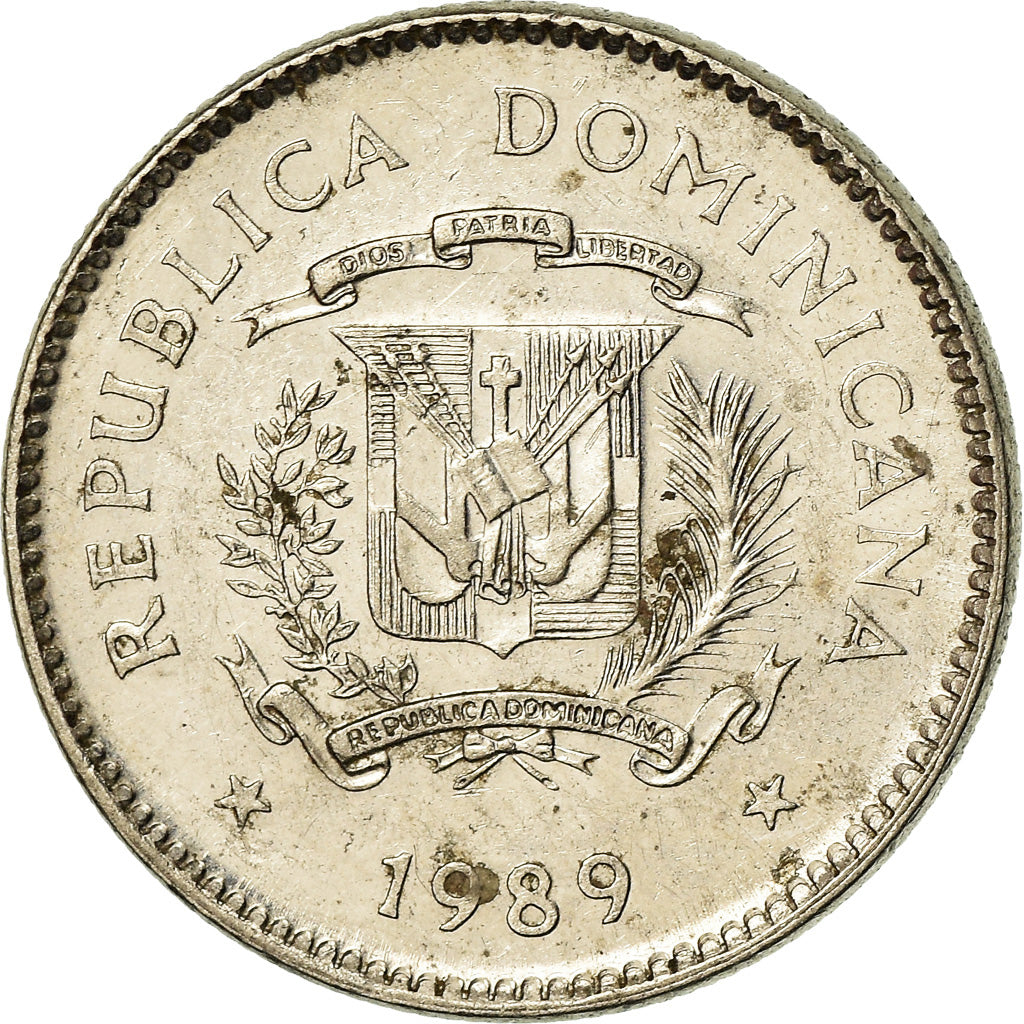 Moneda, República Dominicana, 10 Centavos, 1989, MBC, Níquel recubierto de
