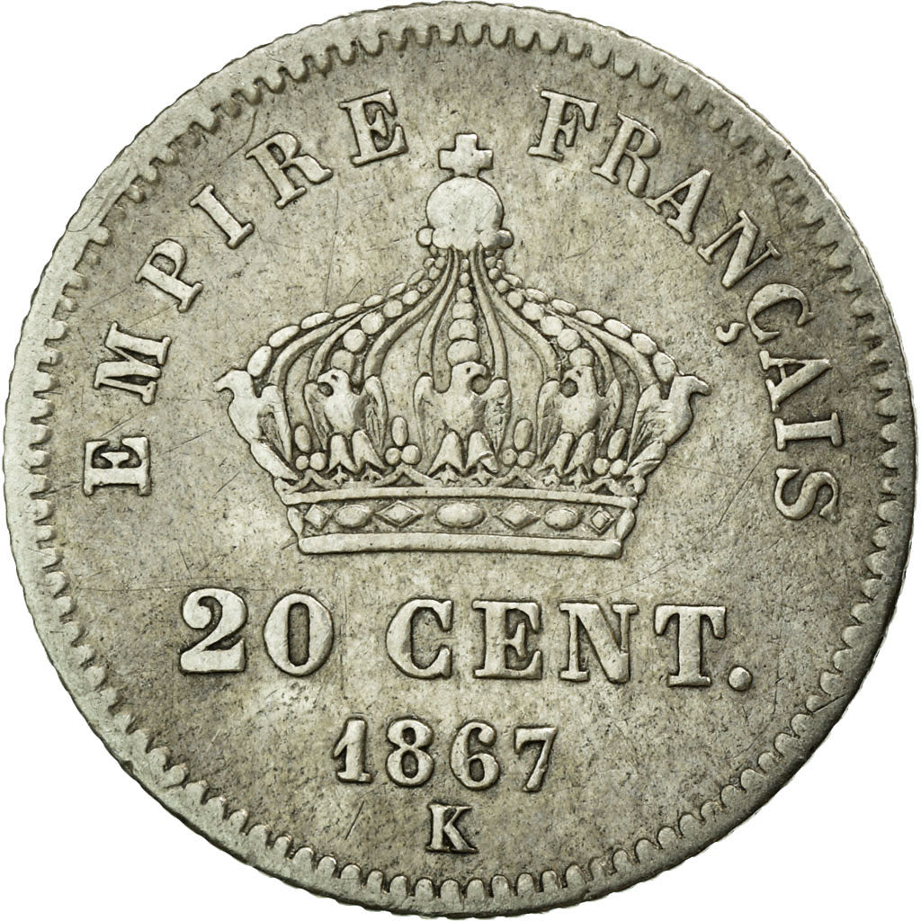 Francia, Napoleon III, 20 Centimes, 1867, Bordeaux, Argento, GENI, MB+
