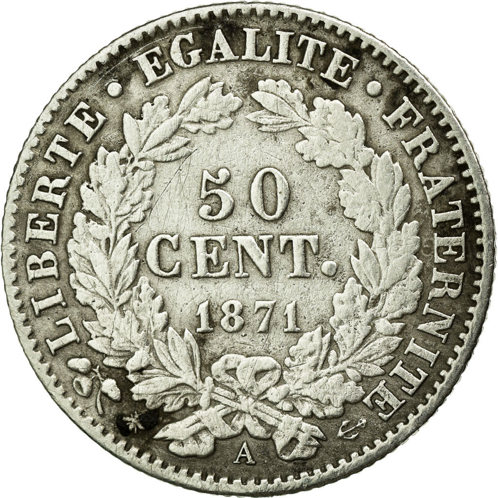 Coin, France, Cérès, 50 Centimes, 1871, Paris, VF(30-35), Silver, KM:834.1