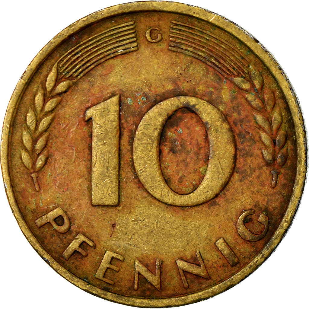 Moneta, Niemcy - RFN, 10 Pfennig, 1949, Karlsruhe, VF(20-25), Mosiądz powlekany
