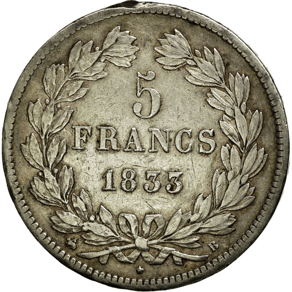 Coin, France, Louis-Philippe, 5 Francs, 1833, Rouen, VF(30-35), Silver