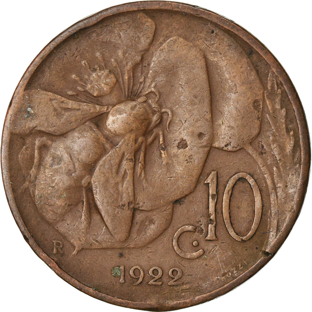Coin, Italy, Vittorio Emanuele III, 10 Centesimi, 1922, Rome, VF(20-25), Bronze