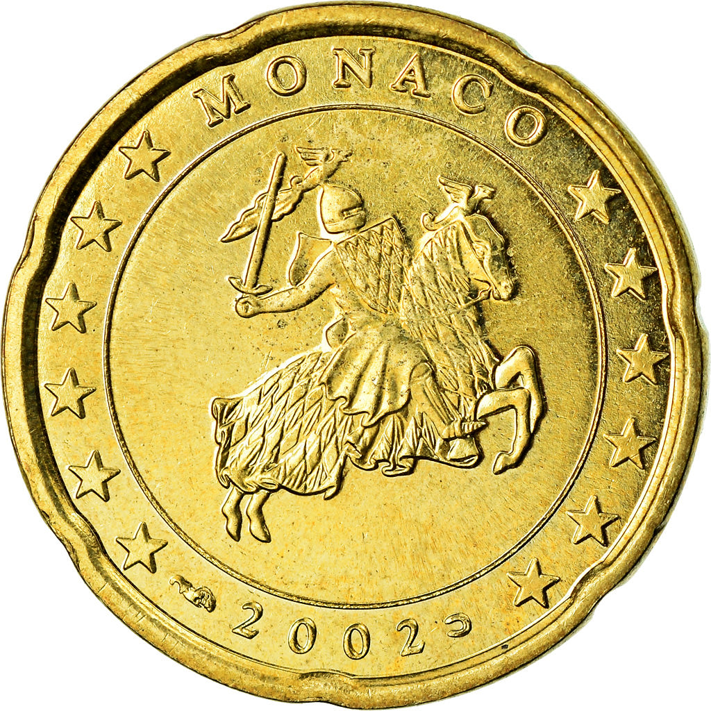 Monaco, 20 Euro Cent, 2002, AU(55-58), Brass, KM:171