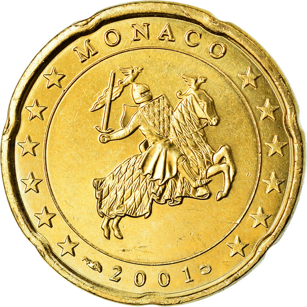 Monaco, 20 Euro Cent, 2001, AU(55-58), Brass, KM:171