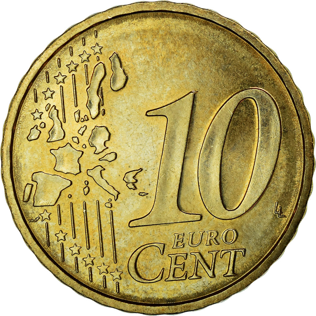 Mónaco, 10 Euro Cent, 2002, MS(63), Latão, KM:170