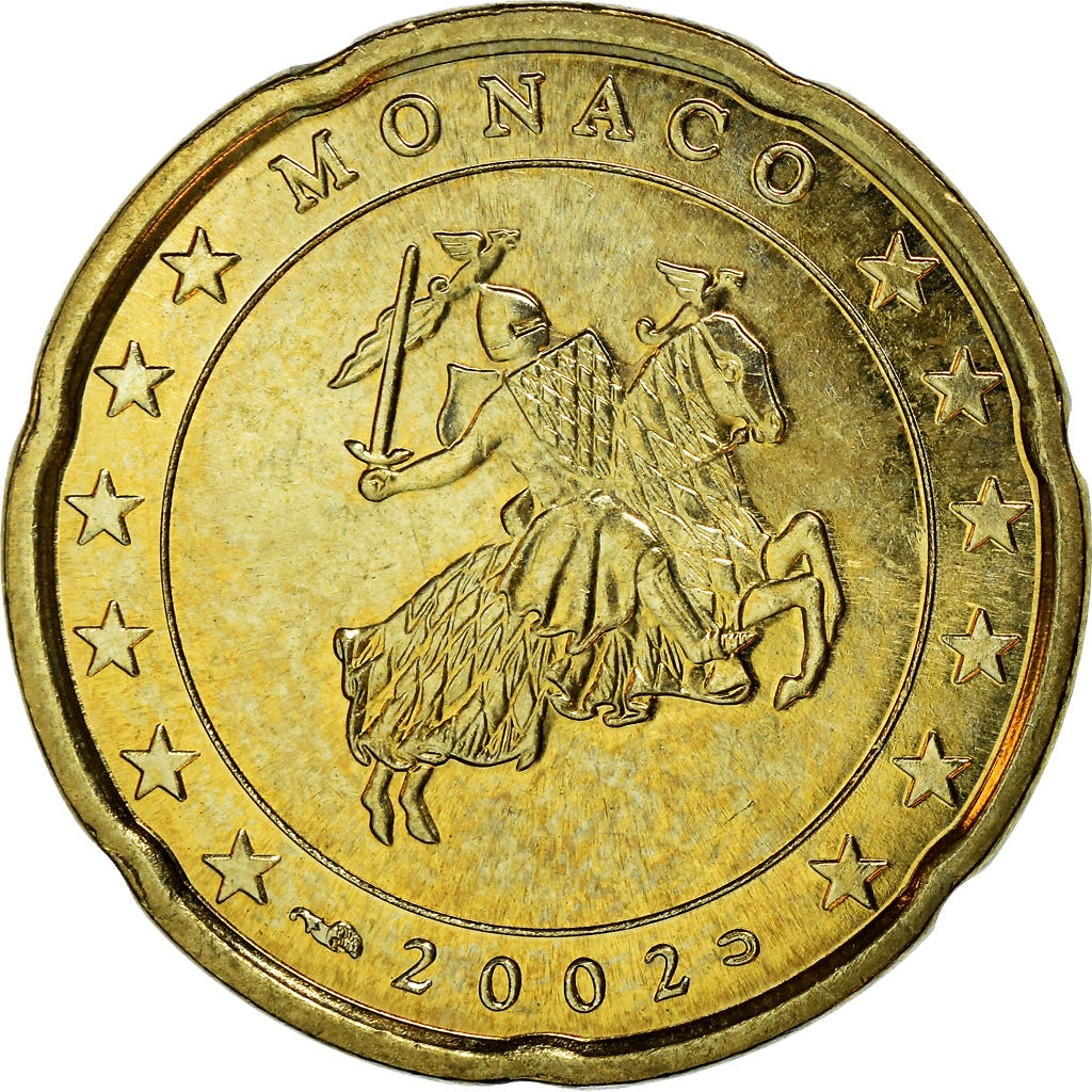 Mónaco, 20 Euro Cent, 2002, MS(63), Latão, KM:171
