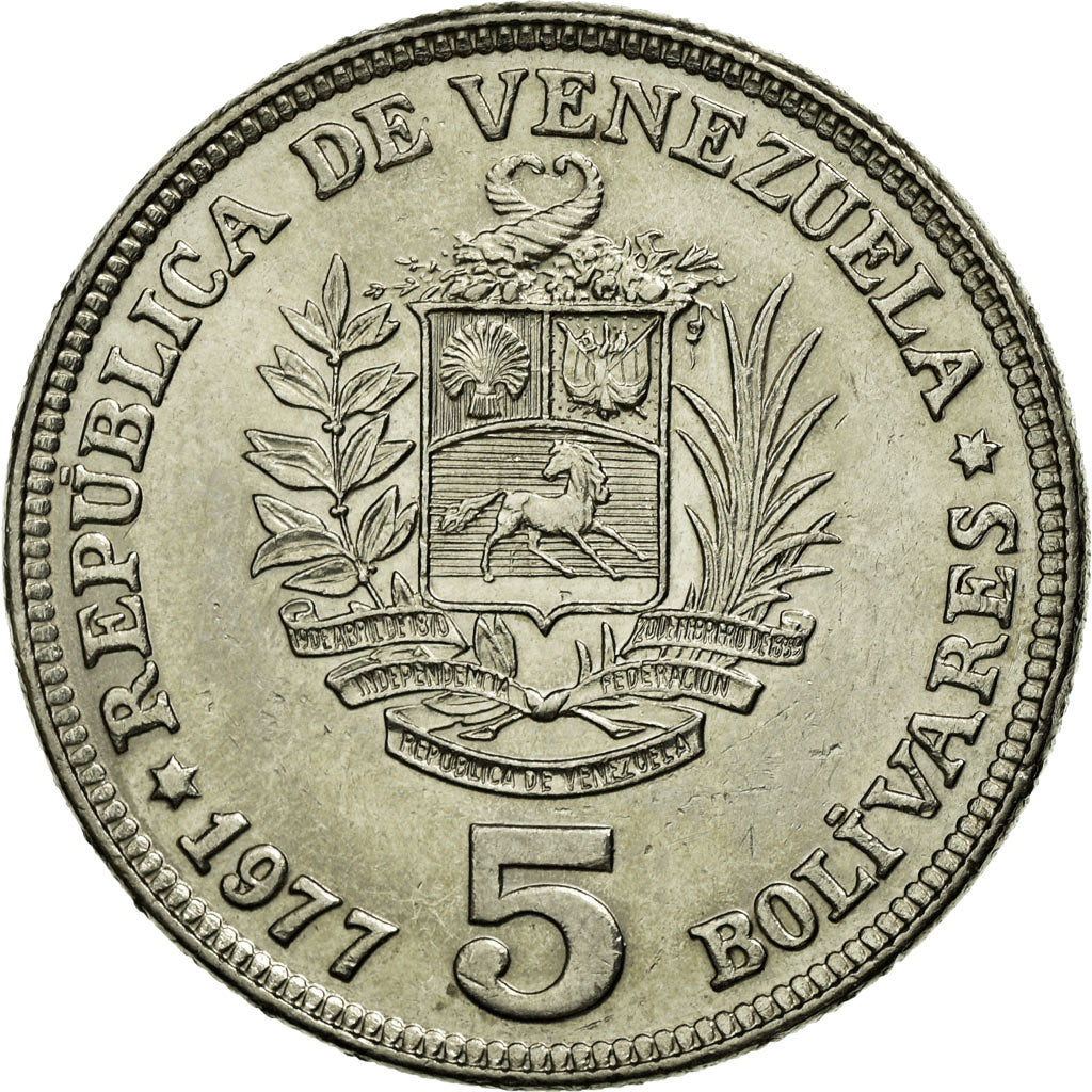 Coin, Venezuela, 5 Bolivares, 1977, AU(55-58), Nickel, KM:53.1