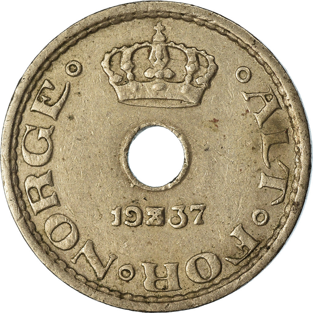 Moneta, Norvegia, Haakon VII, 10 Öre, 1937, BB, Rame-nichel, KM:383