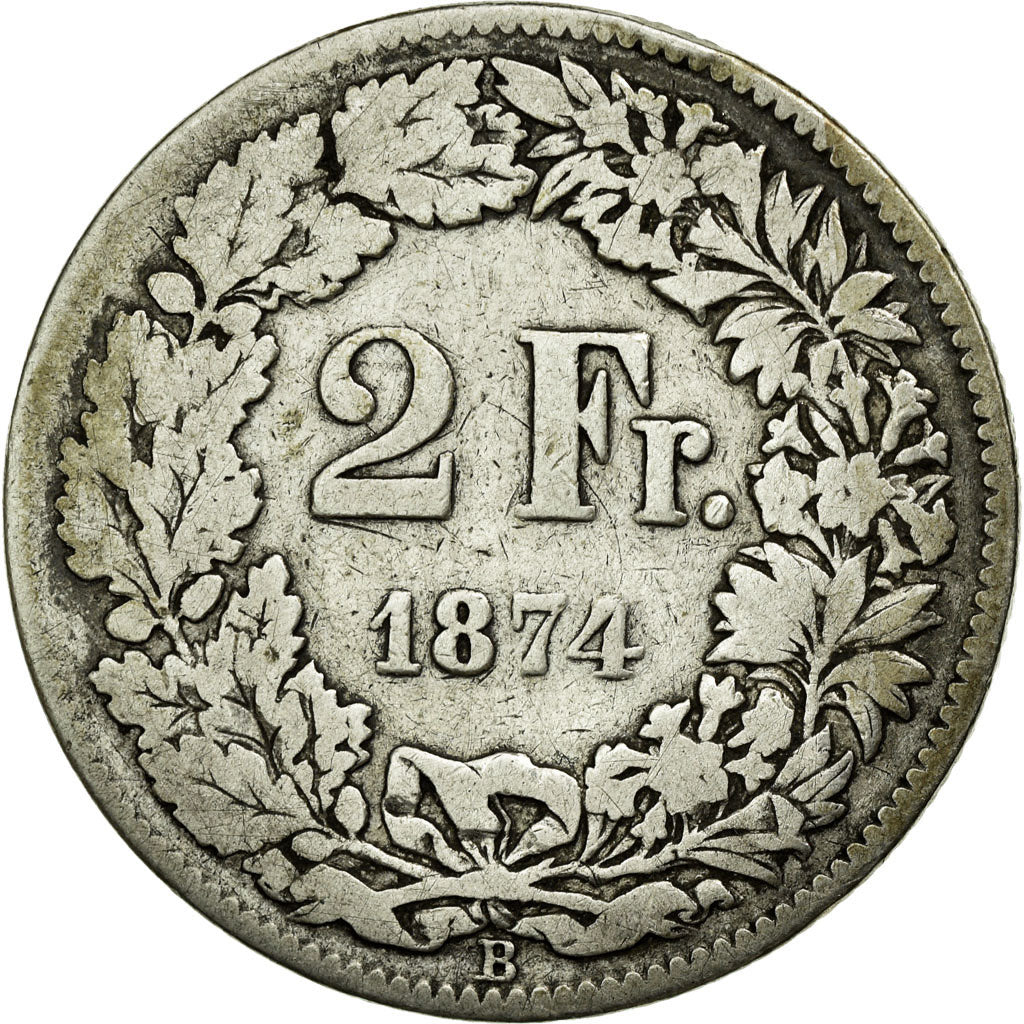 Münze, Schweiz, 2 Francs, 1874, Bern, S, Silber, KM:21