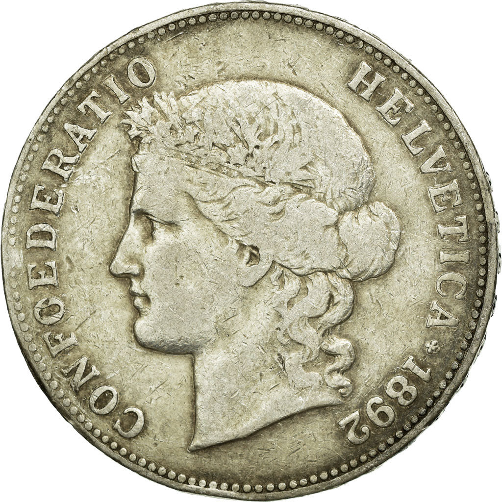 Coin, Switzerland, 5 Francs, 1892, Bern, VF(20-25), Silver, KM:34