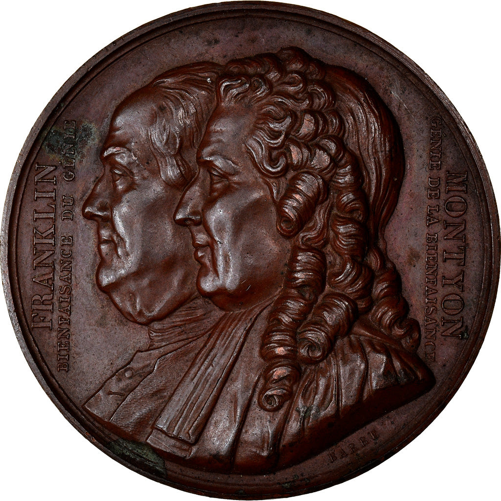 France, Médaille, FranklIn and Montyon, Maçonnique, 1833, Barre, TTB+, Bronze