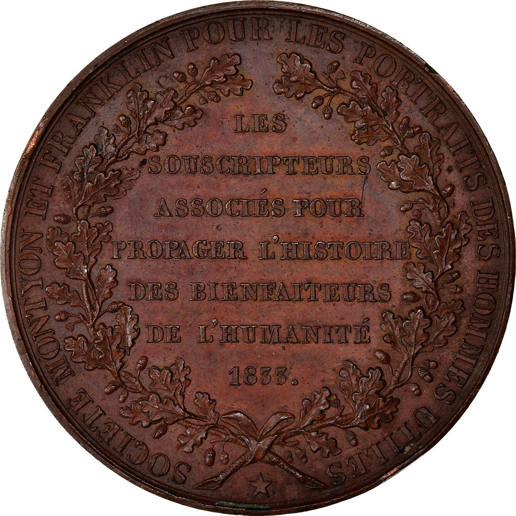 France, Médaille, FranklIn and Montyon, Maçonnique, 1833, Barre, TTB+, Bronze