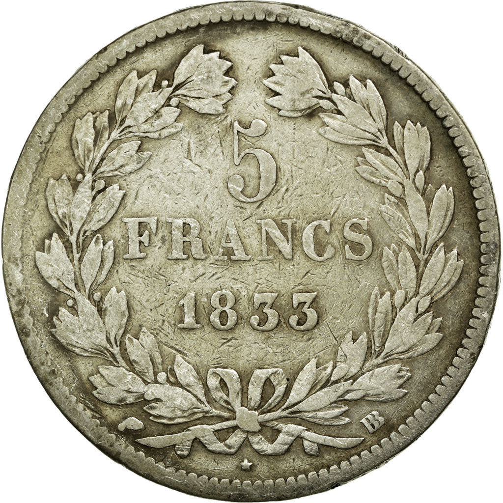 Coin, France, Louis-Philippe, 5 Francs, 1833, Strasbourg, VF(20-25), Silver