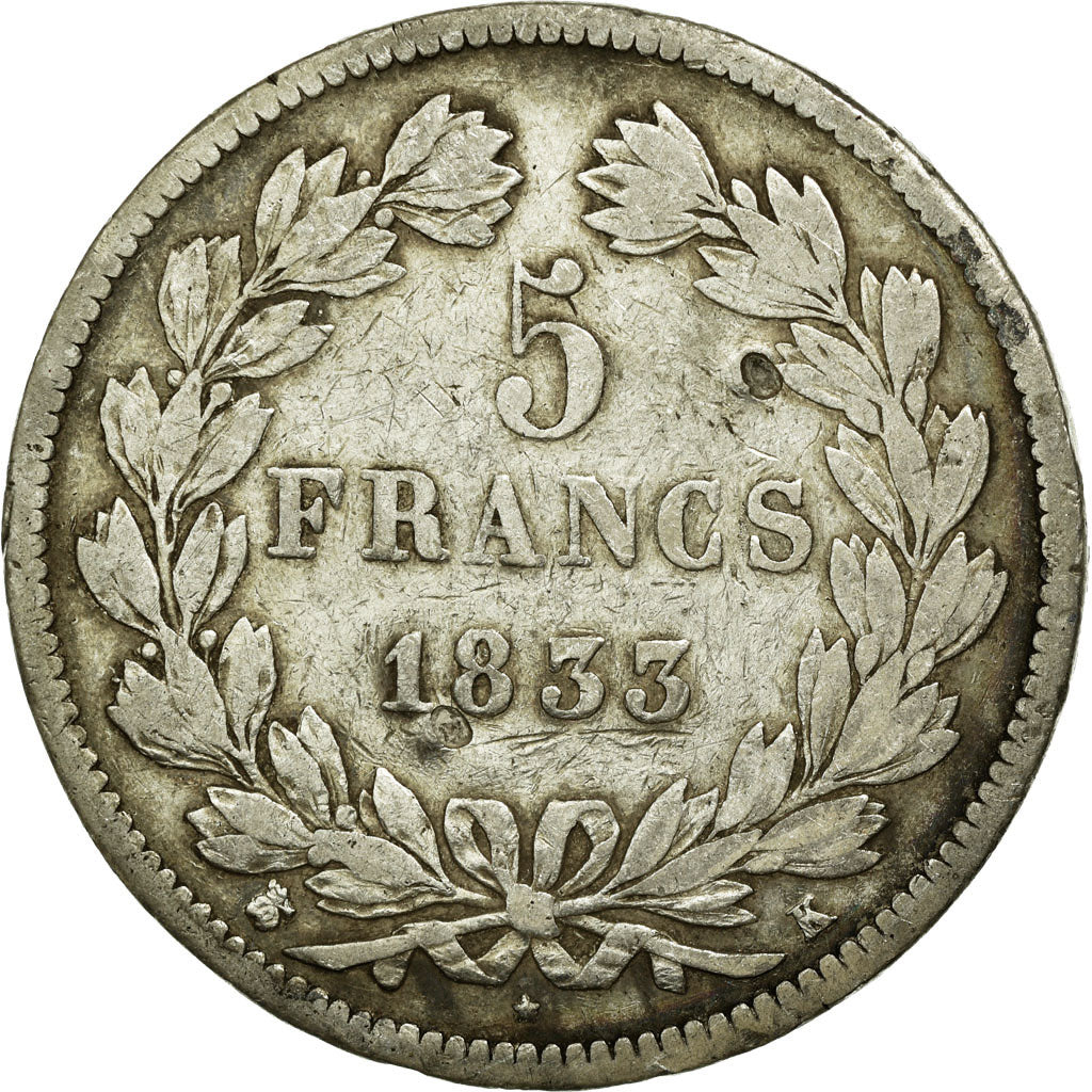 Coin, France, Louis-Philippe, 5 Francs, 1833, Bordeaux, VF(20-25), Silver