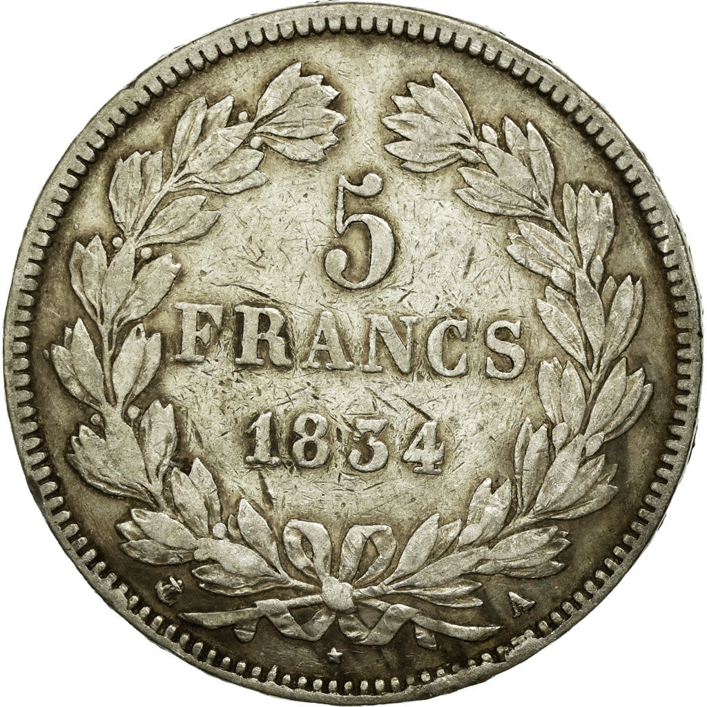 Moneta, Francia, Louis-Philippe, 5 Francs, 1834, Paris, MB+, Argento, KM:749.1