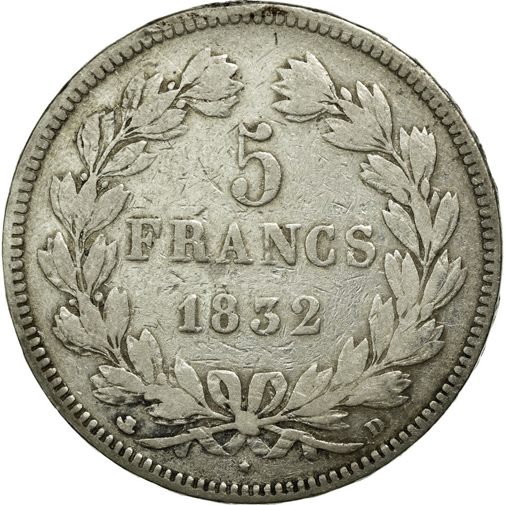 Coin, France, Louis-Philippe, 5 Francs, 1832, Lyon, VF(20-25), Silver, KM:749.4