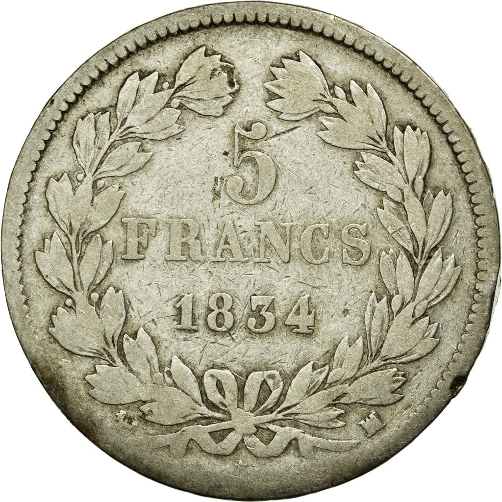 Munten, Frankrijk, Louis-Philippe, 5 Francs, 1834, Marseille, ZG+, Zilver