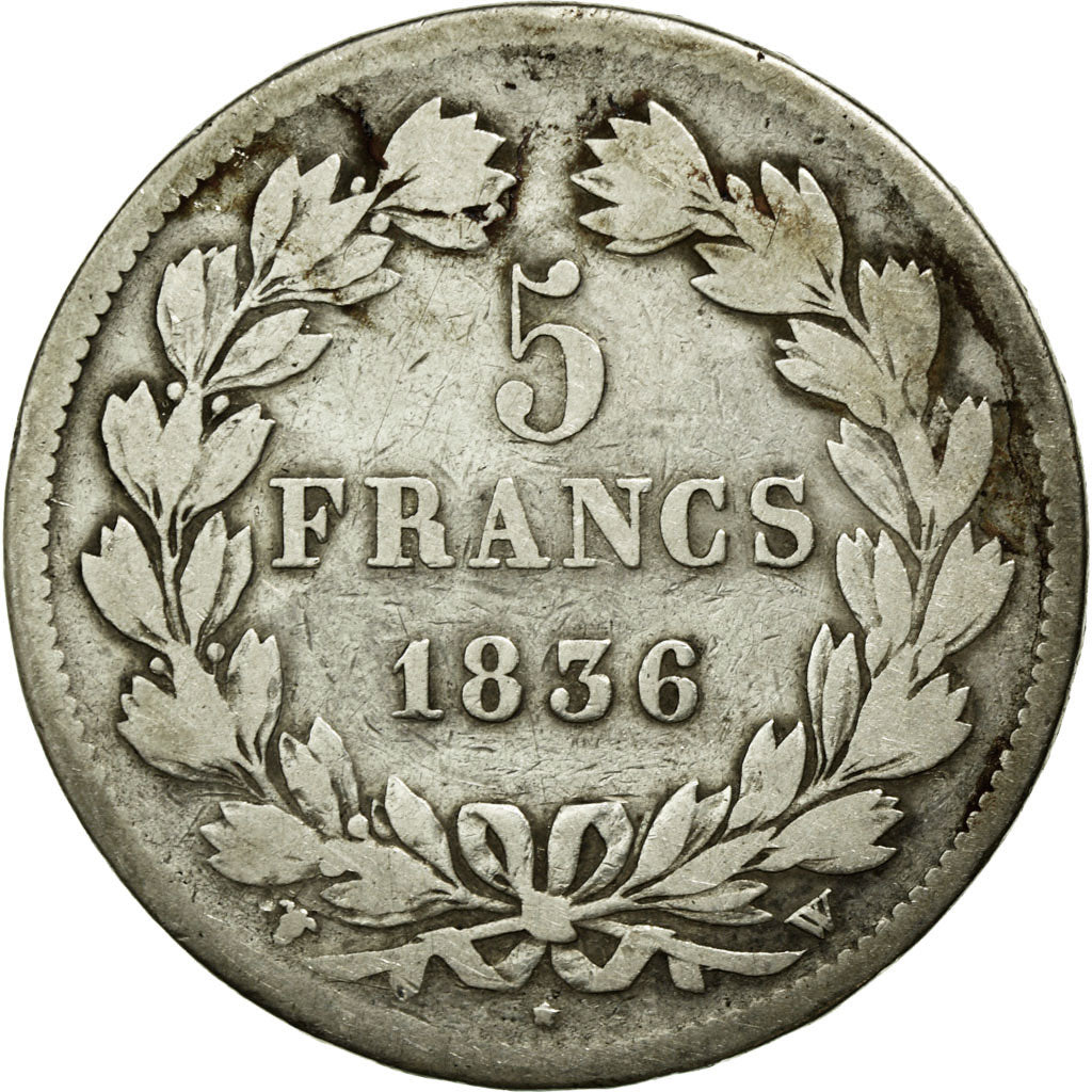 Moneda, Francia, Louis-Philippe, 5 Francs, 1836, Lille, BC+, Plata, KM:749.13