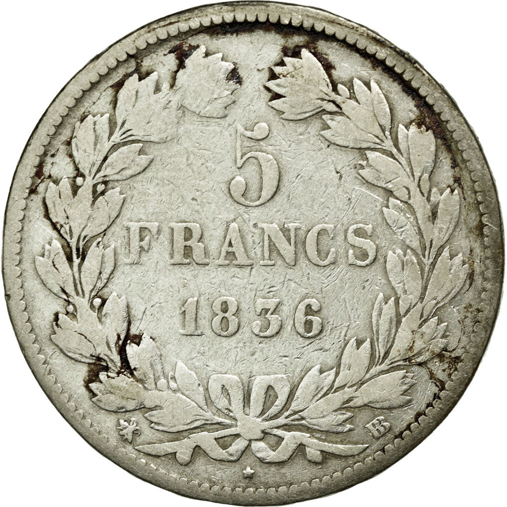 Coin, France, Louis-Philippe, 5 Francs, 1836, Strasbourg, F(12-15), Silver