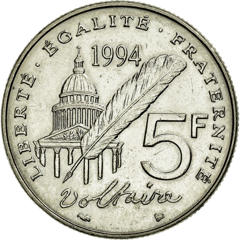 Munten, Frankrijk, Voltaire, 5 Francs, 1994, PR+, Nickel, KM:1063, Gadoury:775