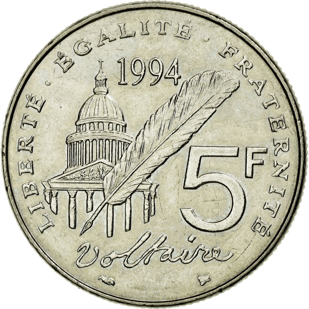 Munten, Frankrijk, Voltaire, 5 Francs, 1994, PR+, Nickel, KM:1063, Gadoury:775