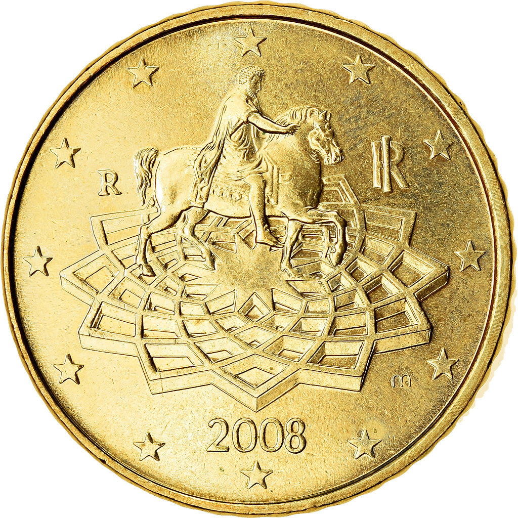 Itália, 50 Euro Cent, 2008, MS(63), Latão, KM:249