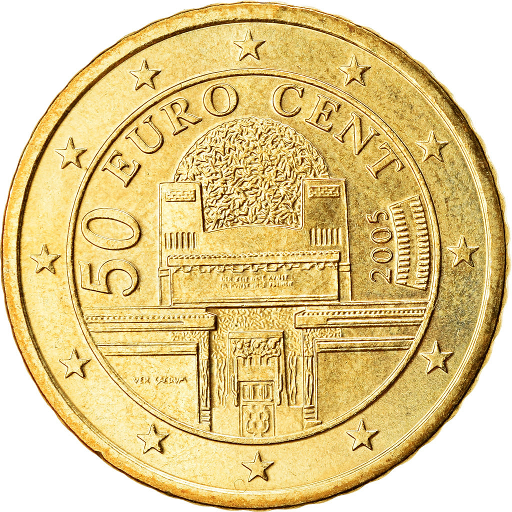 Áustria, 50 Euro Cent, 2005, MS(63), Latão, KM:3087