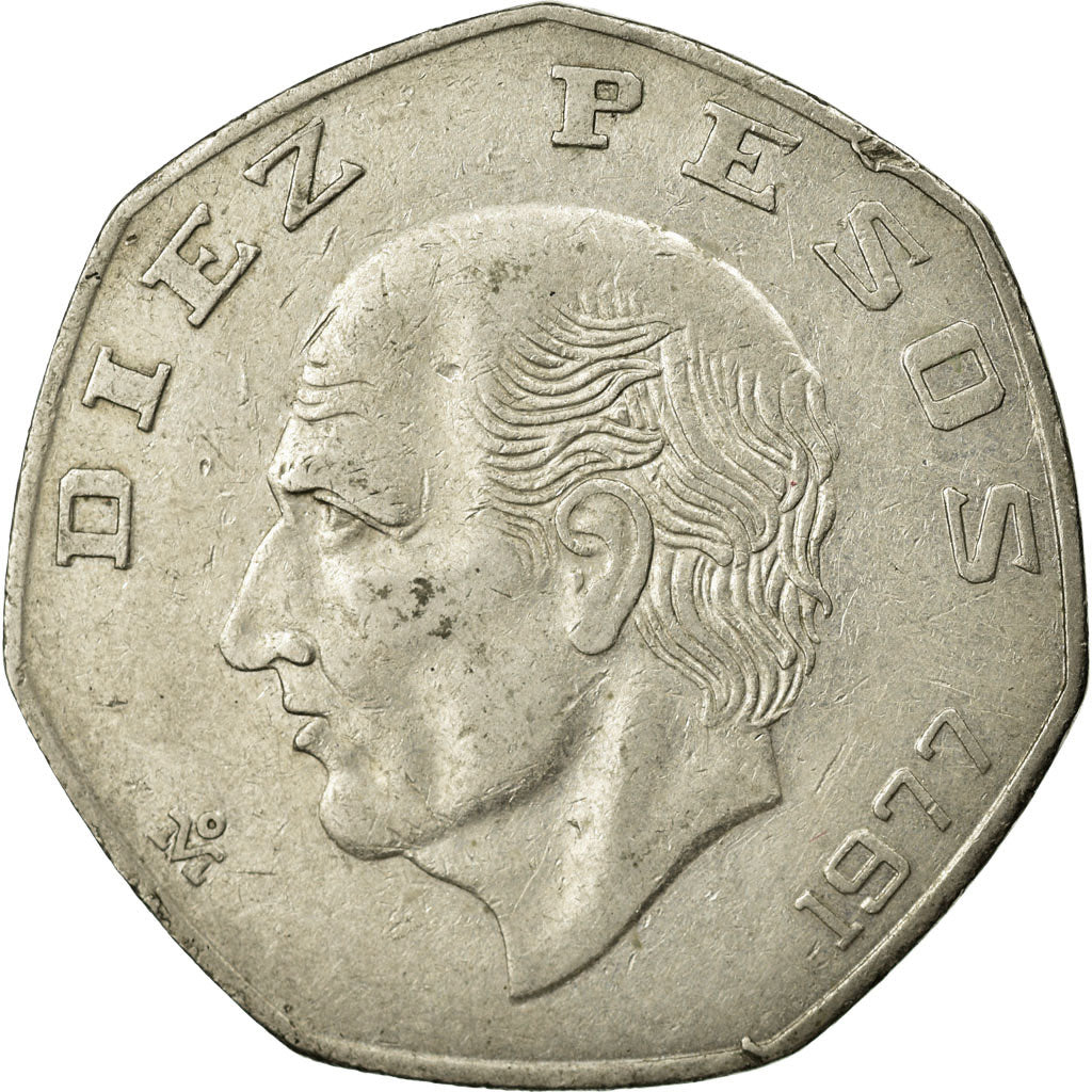 Moneda, México, 10 Pesos, 1977, Mexico City, MBC, Cobre - níquel, KM:477.1
