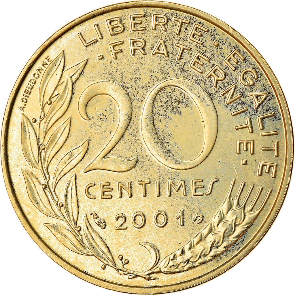 Munten, Frankrijk, Marianne, 20 Centimes, 2001, Paris, BU, FDC, Aluminum-Bronze