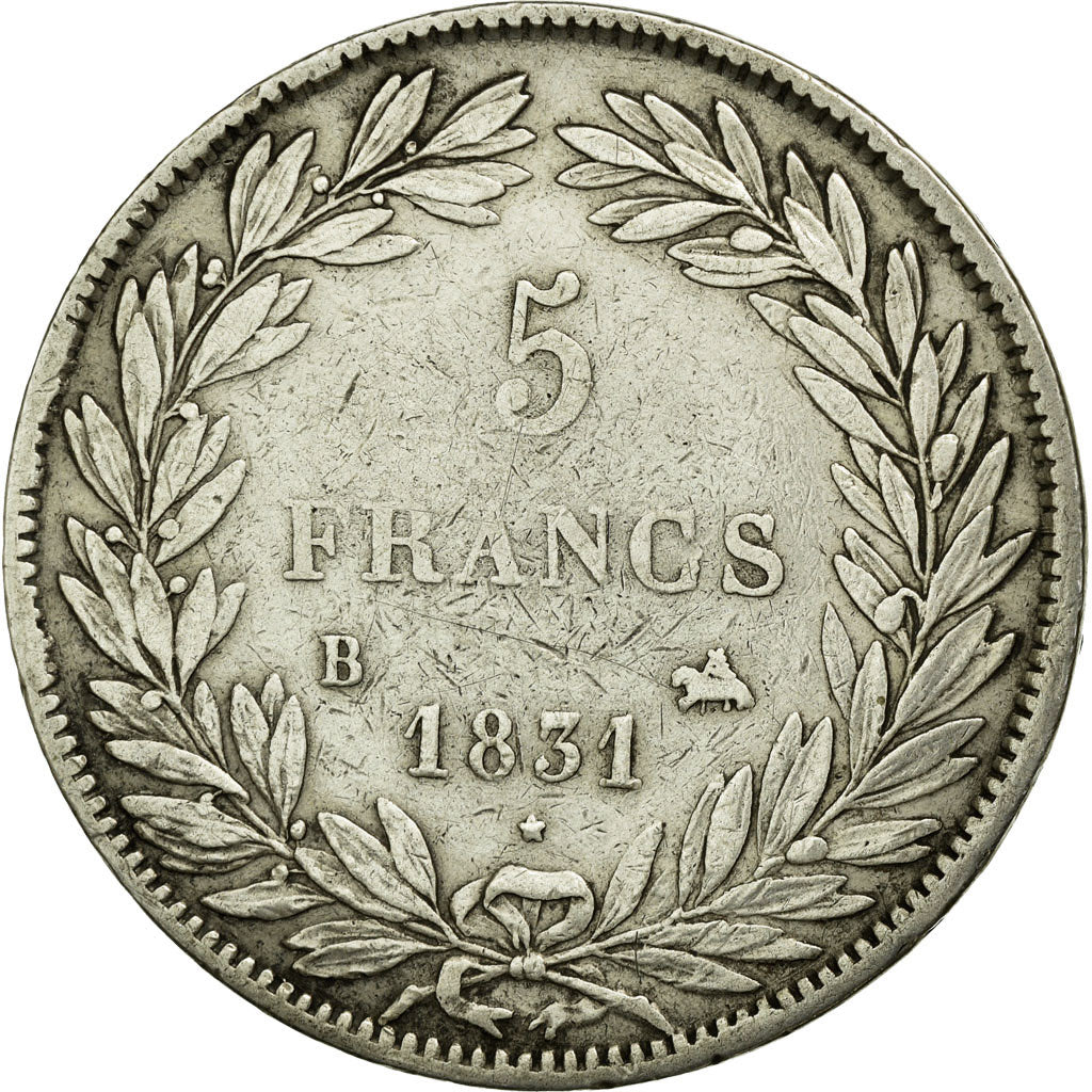 Moneta, Francia, Louis-Philippe, 5 Francs, 1831, Rouen, BB, Argento, KM:735.2