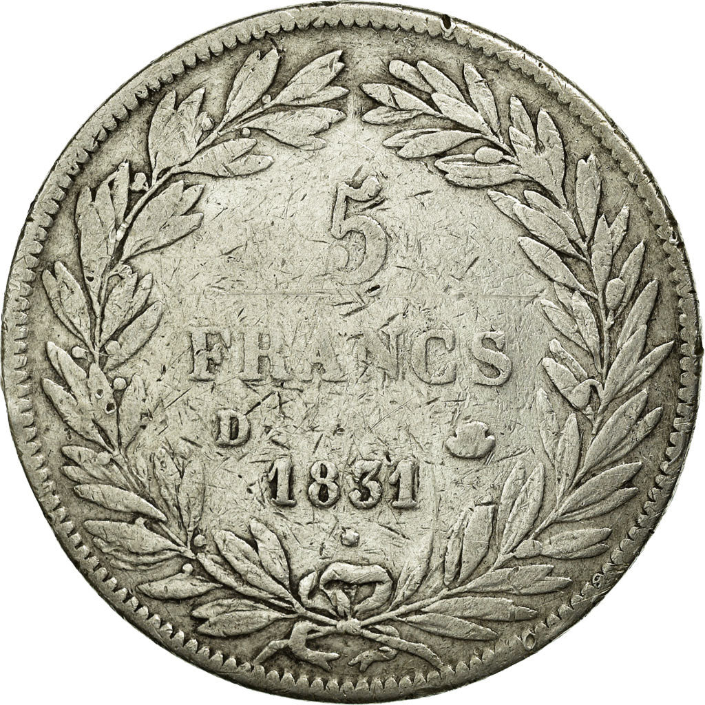 Coin, France, Louis-Philippe, 5 Francs, 1831, Lyon, VF(30-35), Silver, KM:735.4