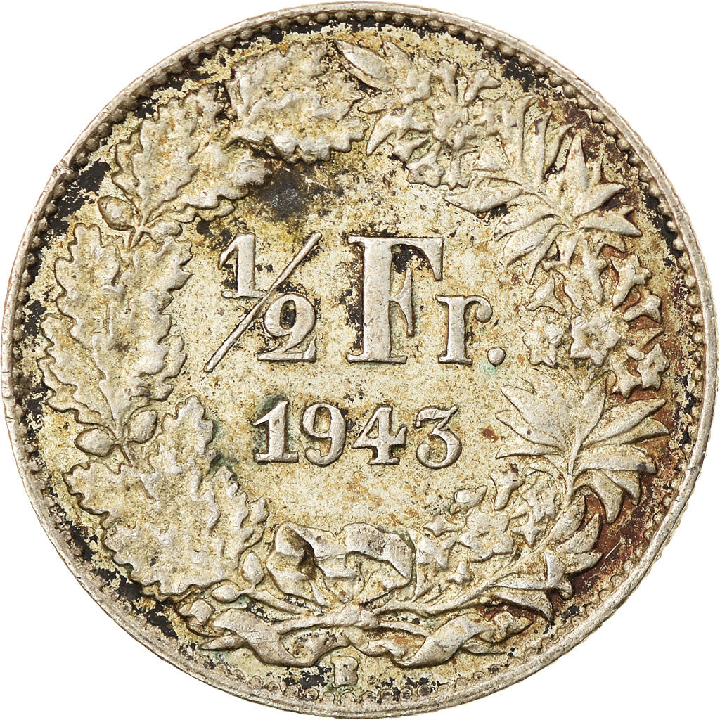 Coin, Switzerland, 1/2 Franc, 1943, Bern, VF(30-35), Silver, KM:23