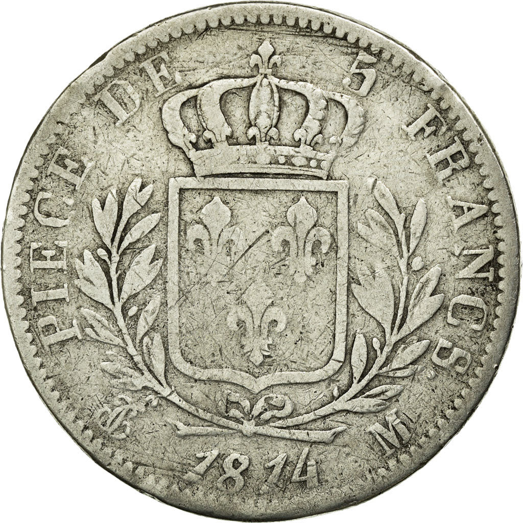 Coin, France, Louis XVIII, Louis XVIII, 5 Francs, 1814, Toulouse, VF(20-25)