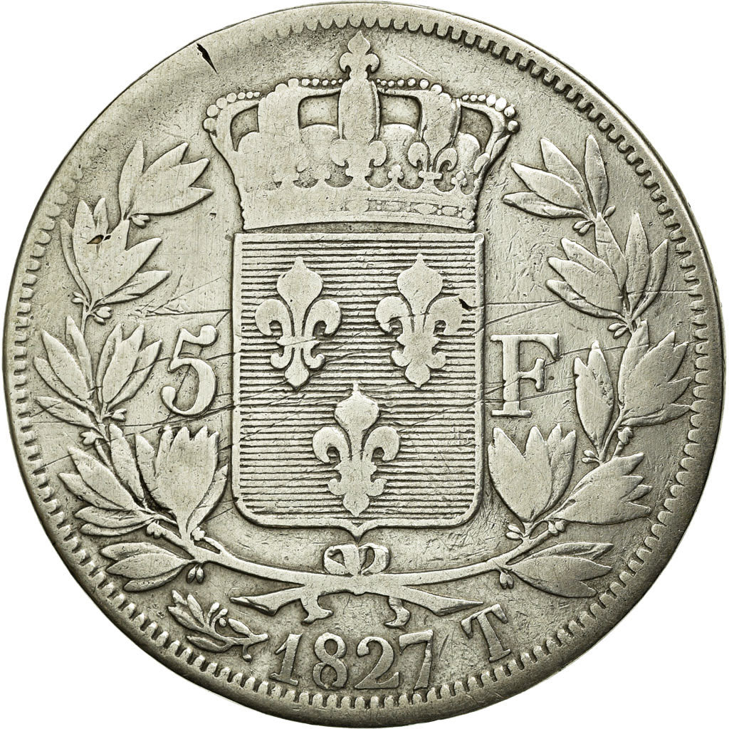 Coin, France, Charles X, 5 Francs, 1827, Nantes, VF(30-35), Silver, KM:728.12