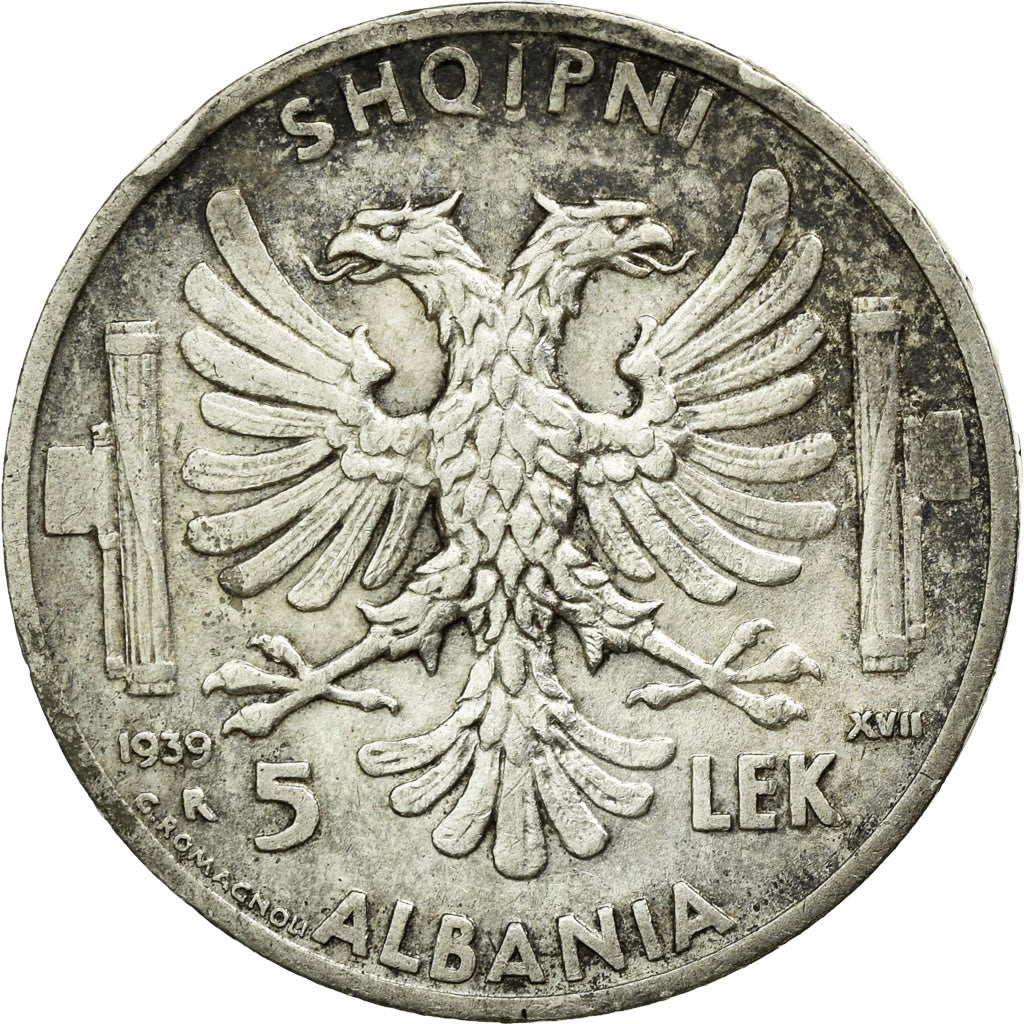 Coin, Albania, Vittorio Emanuele III, 5 Lek, 1939, Rome, AU(50-53), Silver